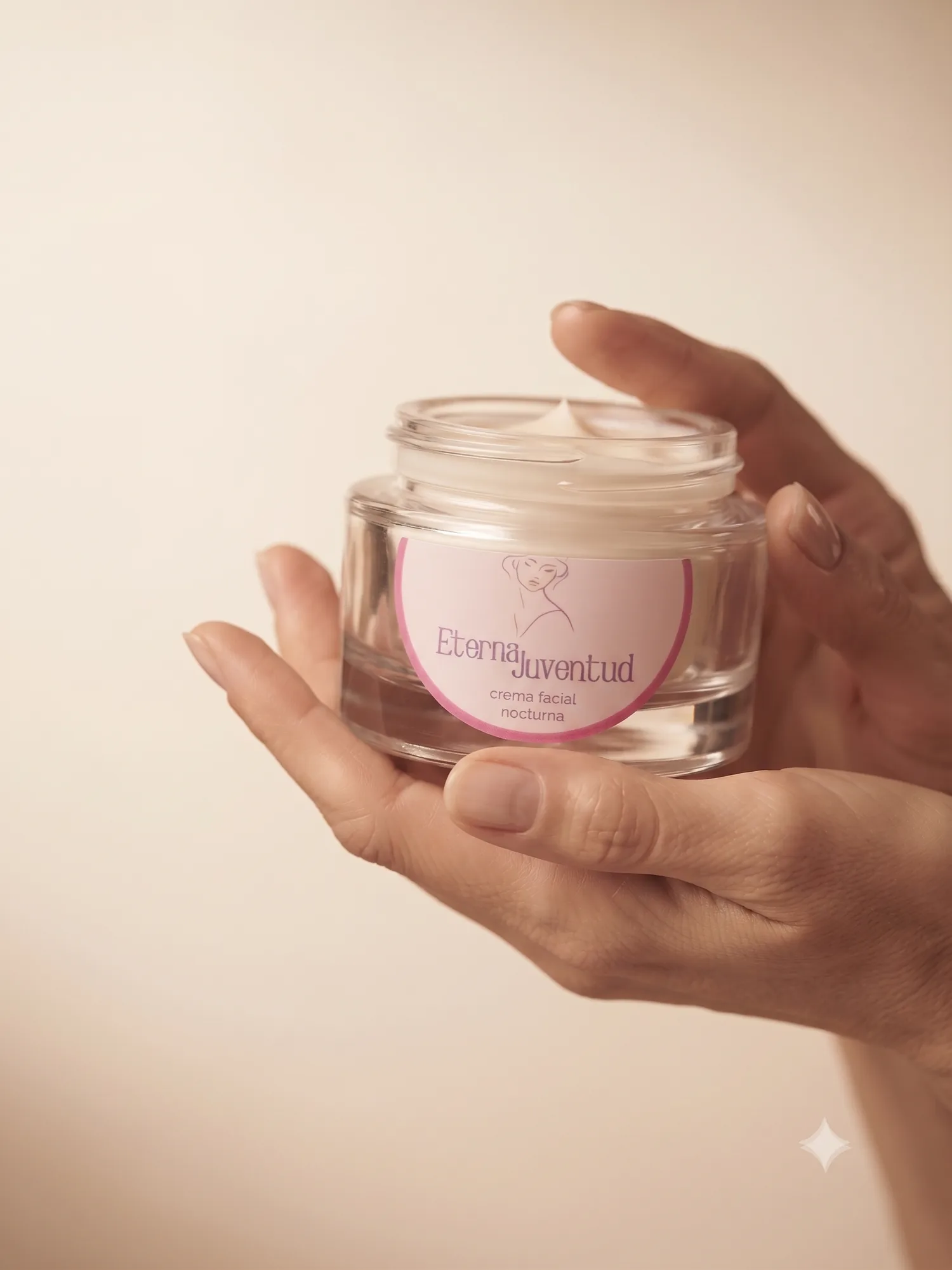 Manos sosteniendo el frasco abierto de crema facial nocturna Eterna Juventud