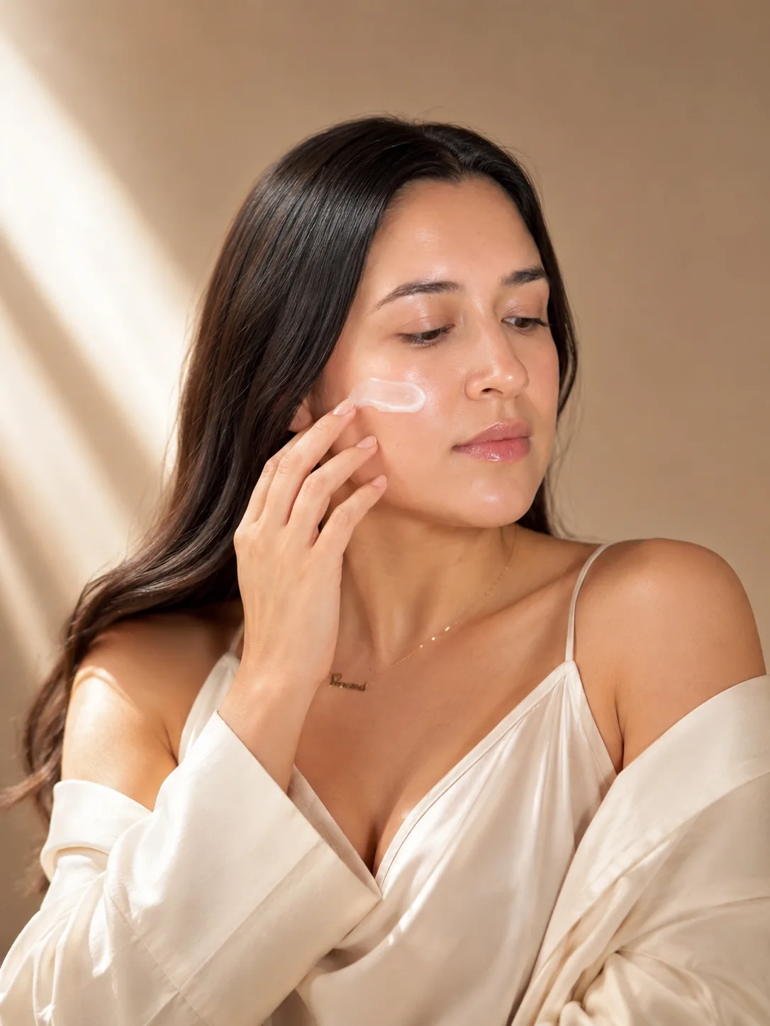 Mujer aplicando crema Eterna Juventud sobre su mejilla con la mano mientras realiza su ritual de cuidado facial