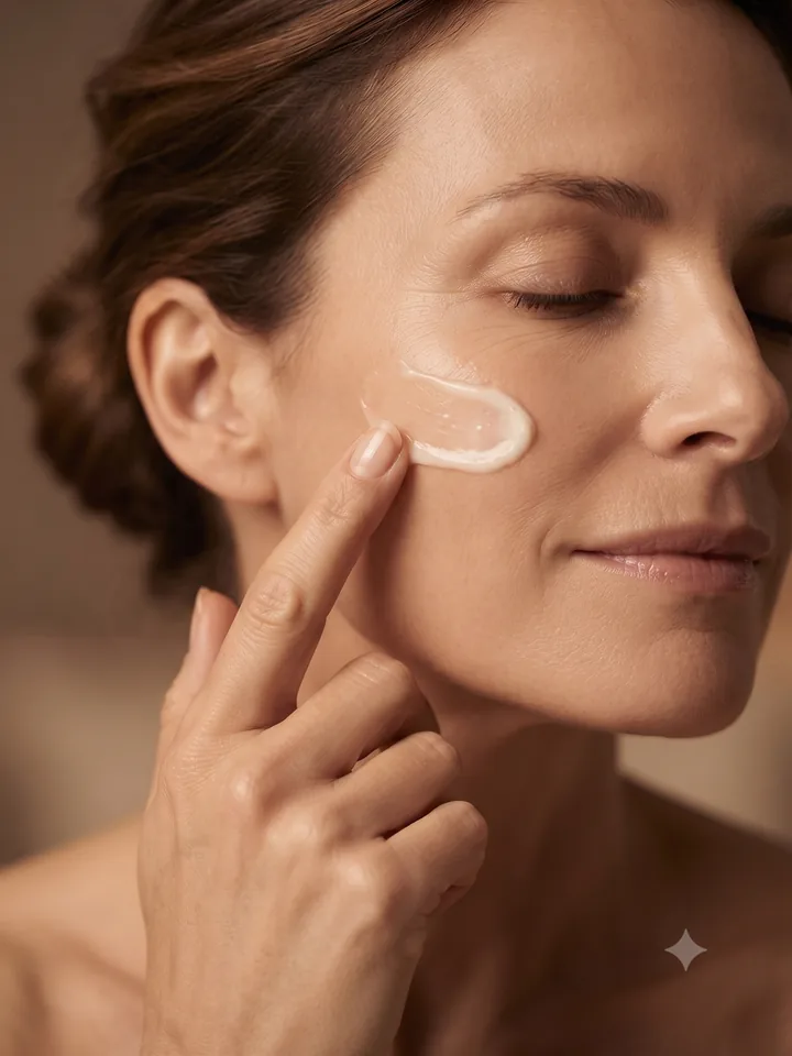 Retrato editorial de Carmen aplicando crema facial