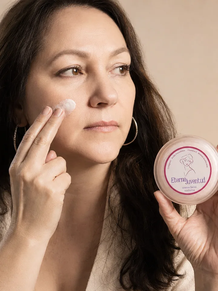 Retrato editorial de Mari aplicando crema facial mientras sostiene el producto